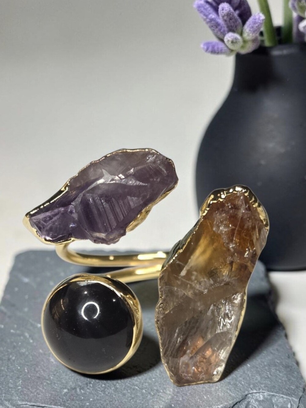 18k Gold Plated Artisan Genuine Citrine Amethyst & Onyx Crystal Ring